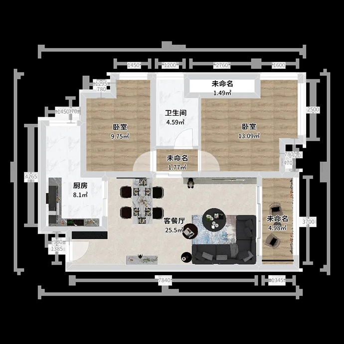 成都朗詩觀山樾D2戶型83㎡套二單衛(wèi)裝修設(shè)計方案-平面戶型圖